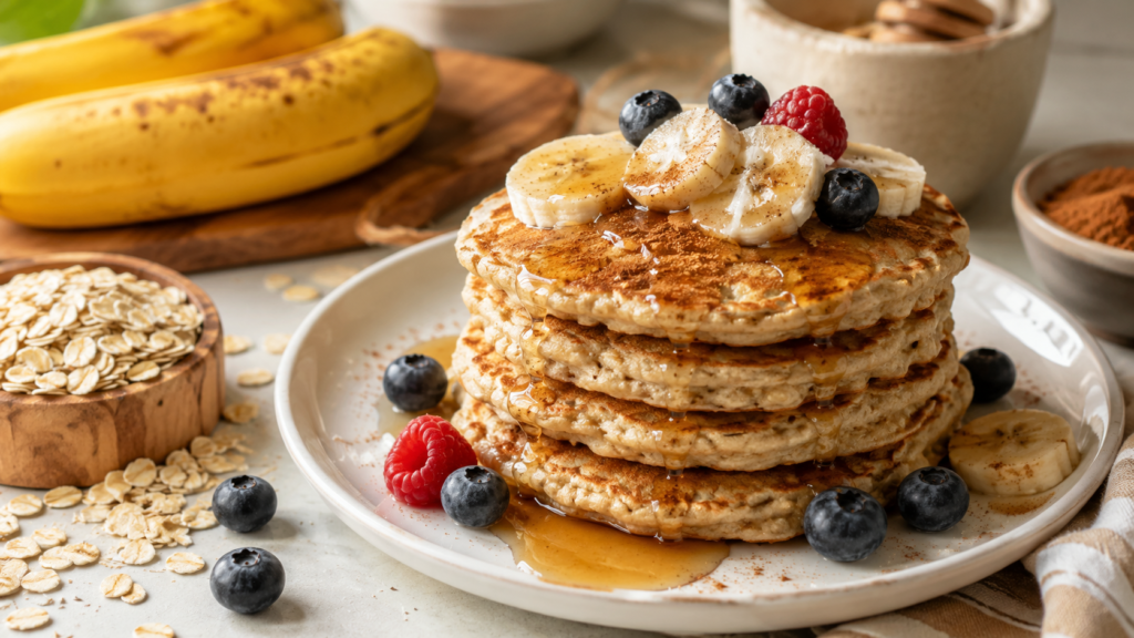 Stack of banana oat pancakes with banana slices, maple syrup, berries, oats, and cinnamon.