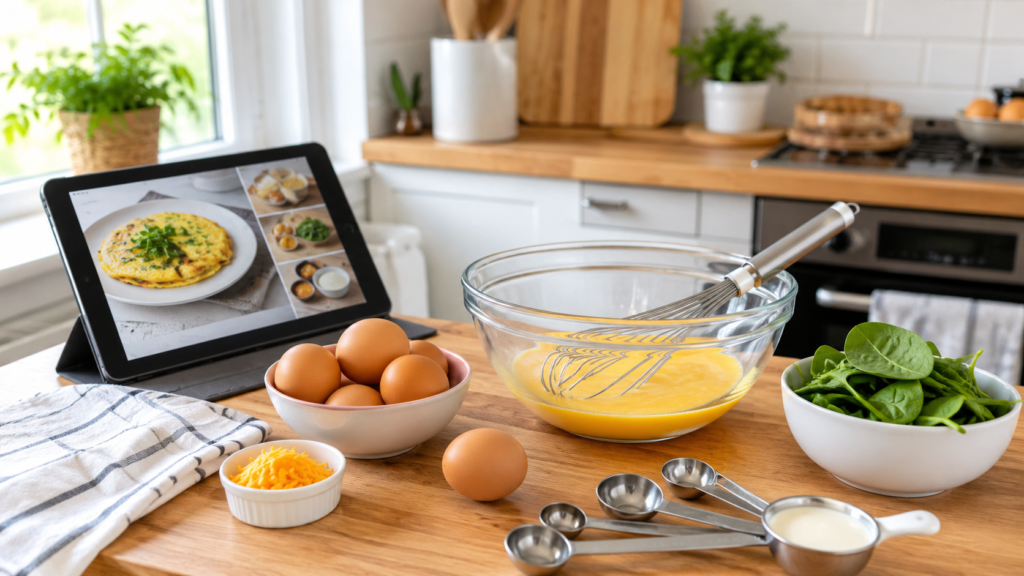 Beginner-friendly kitchen prep scene with eggs, measuring spoons, a mixing bowl, and a tablet recipe guide.