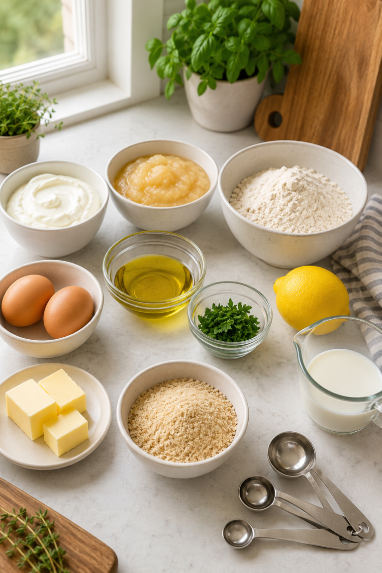 Common ingredient swaps arranged on a bright kitchen countertop with yogurt, applesauce, flour, olive oil, herbs, lemon, milk, eggs, butter, breadcrumbs, and measuring spoons.