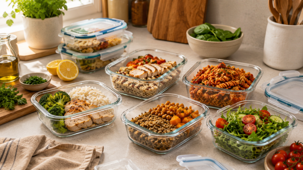 Meal prep containers filled with chicken, rice, pasta, vegetables, salad, quinoa, and easy homemade meals on a kitchen counter.