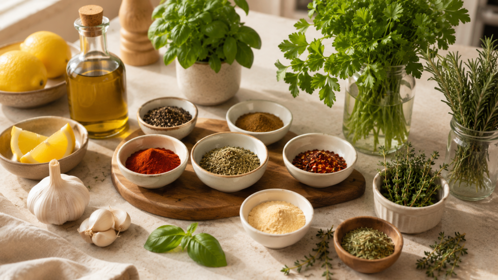 Fresh herbs, dried spices, lemon, garlic, olive oil, paprika, pepper, rosemary, parsley, basil, and thyme on a bright kitchen counter.