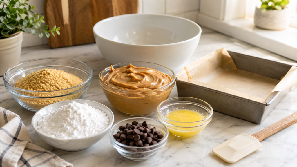 Ingredients for no-bake peanut butter bars arranged with peanut butter, graham cracker crumbs, chocolate chips, and an 8x8 pan