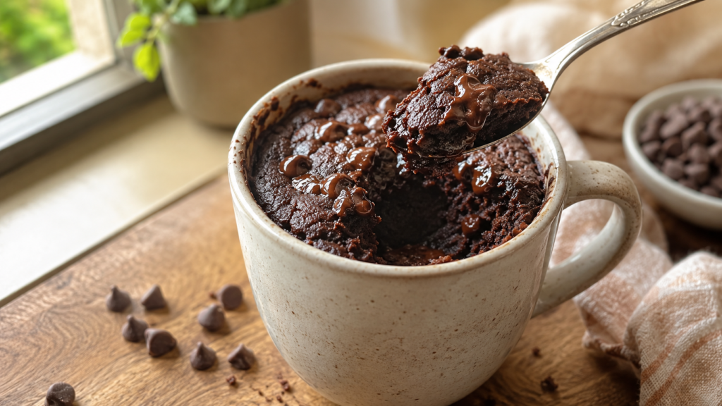 Three ingredients for a mug brownie arranged with chocolate hazelnut spread, flour, milk, and a microwave-safe mug.