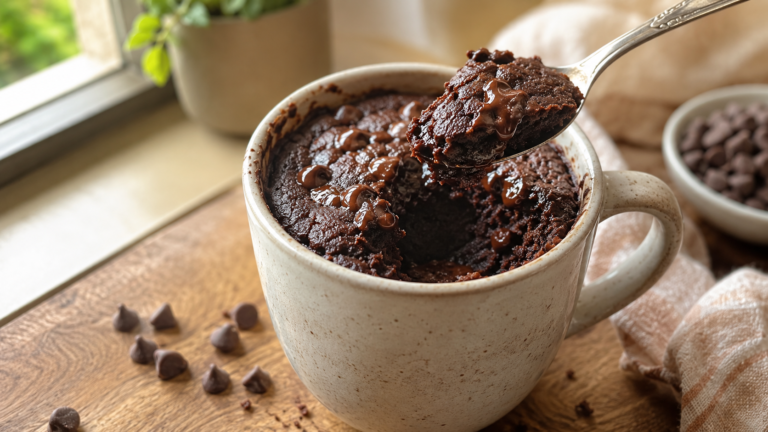 Three ingredients for a mug brownie arranged with chocolate hazelnut spread, flour, milk, and a microwave-safe mug.