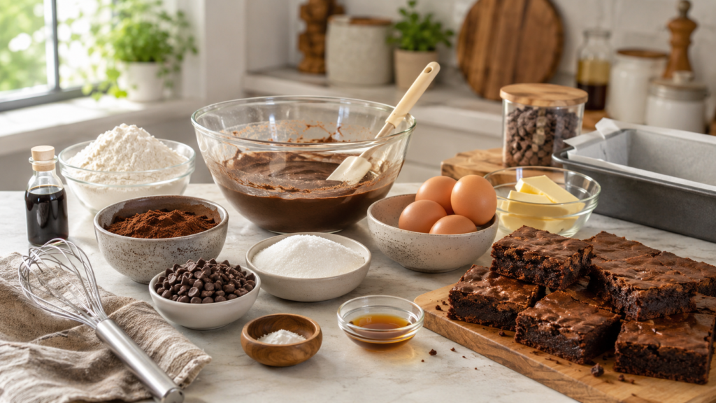 Quick dessert baking setup with flour, eggs, cocoa powder, chocolate chips, butter, sugar, vanilla, and brownies in a bright kitchen.