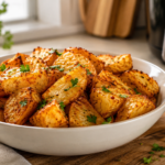 Crispy air fryer potatoes in a white bowl with parsley and dipping sauce.