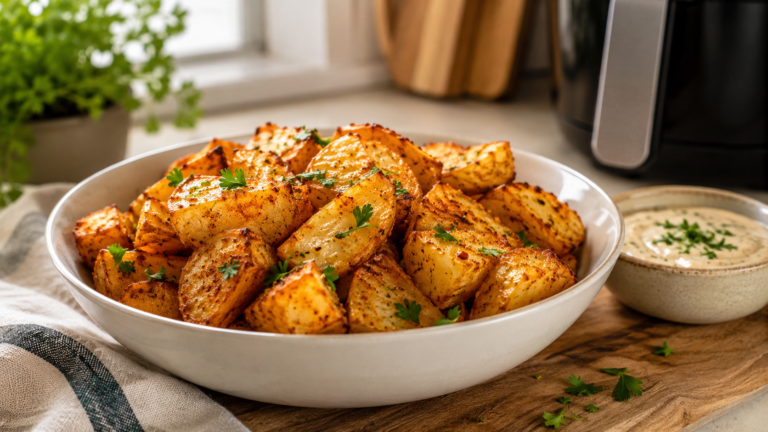 Crispy air fryer potatoes in a white bowl with parsley and dipping sauce.