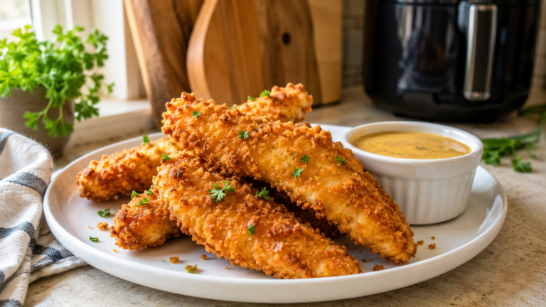Air fryer on a kitchen counter with crispy chicken tenders, potato wedges, cooking spray, seasonings, and tongs.
