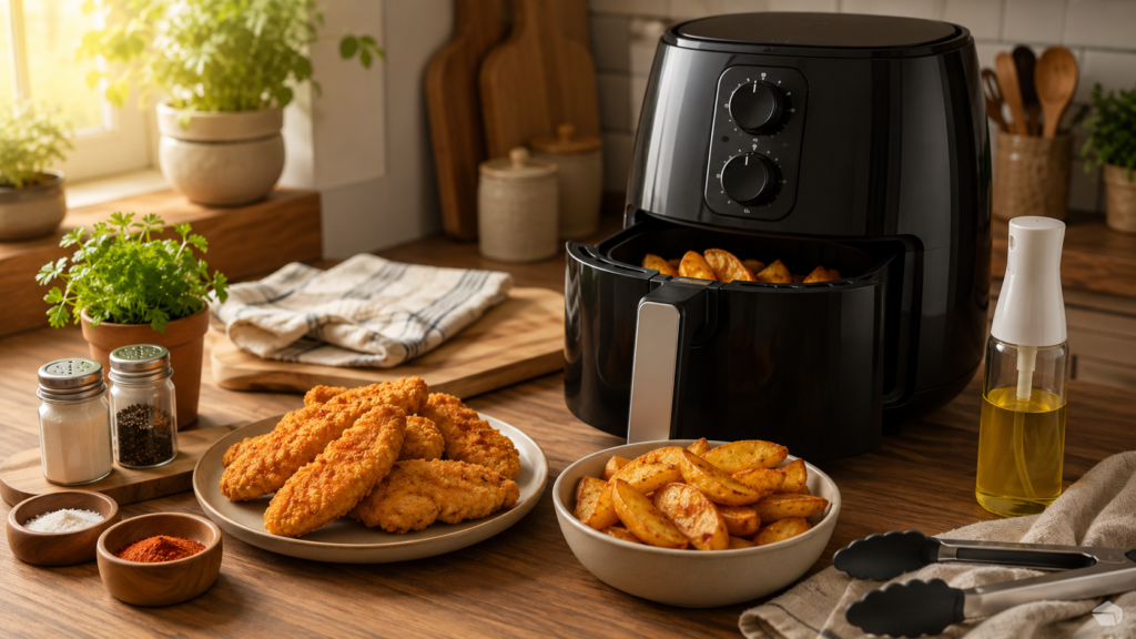 Air fryer on a kitchen counter with crispy chicken tenders, potato wedges, cooking spray, seasonings, and tongs.