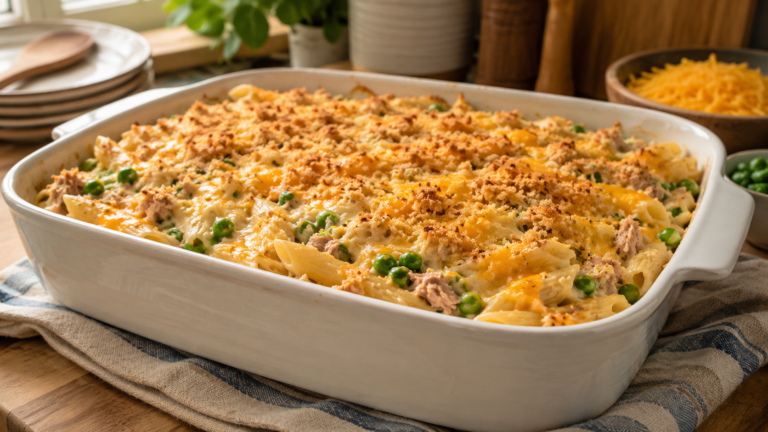 Budget tuna pasta bake with melted cheese, peas, and a golden breadcrumb topping in a casserole dish