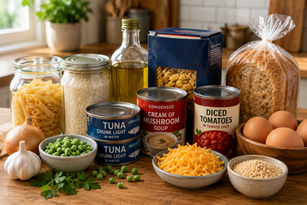 Budget pantry ingredients on a kitchen counter for easy homemade meals