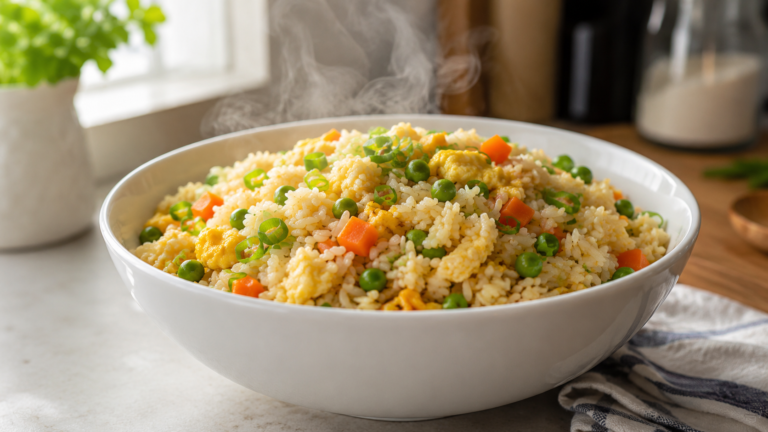 Easy egg fried rice with scrambled eggs, peas, carrots, and green onions in a white bowl
