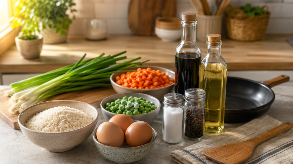 Budget pantry ingredients on a kitchen counter for easy homemade meals