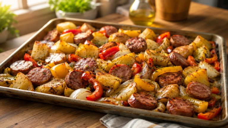 Sheet pan sausage and potatoes with roasted peppers and onions on a baking sheet