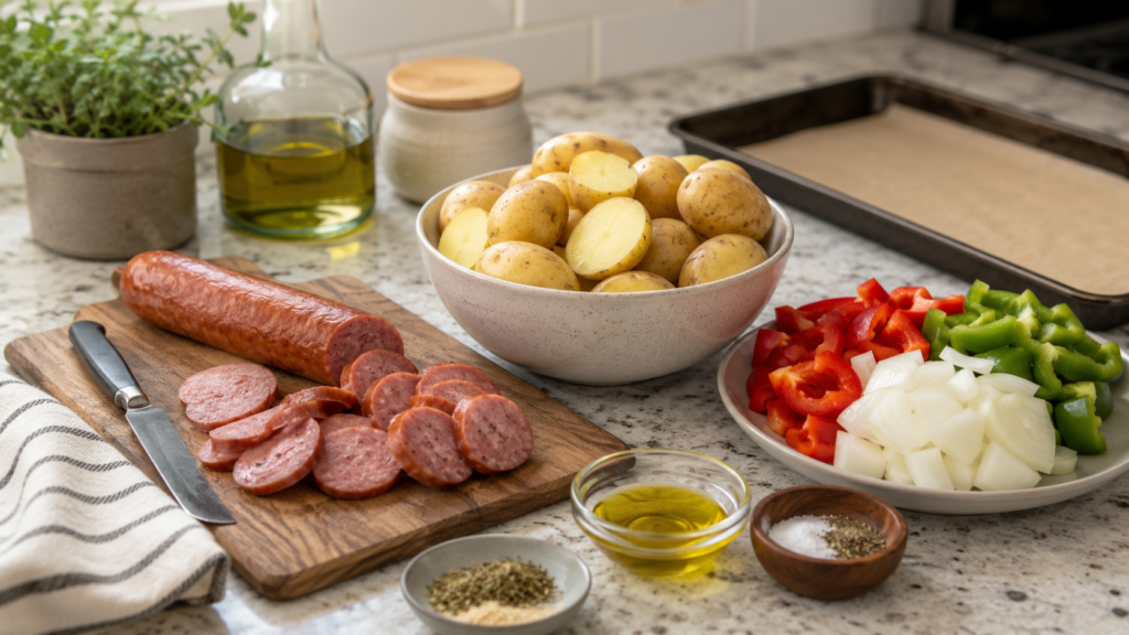 Ingredients for sheet pan sausage and potatoes on a kitchen counter