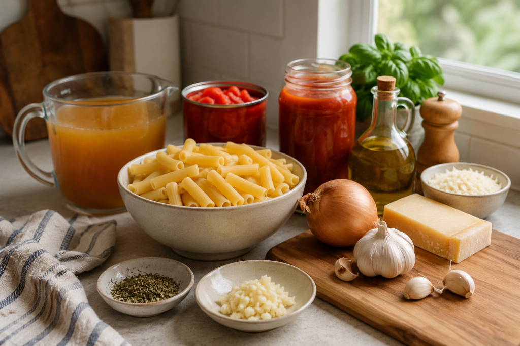 Budget pantry ingredients on a kitchen counter with pasta, rice, beans, canned tuna, canned tomatoes, bread, eggs, onions, garlic, and olive oil.