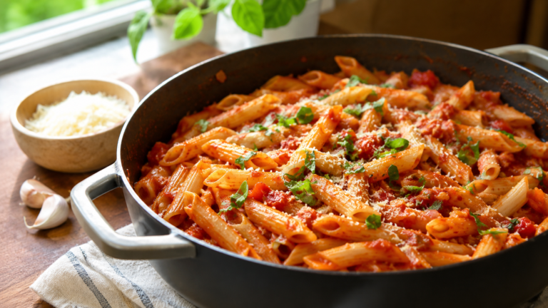 One-pot tomato pasta with herbs and Parmesan in a deep skillet