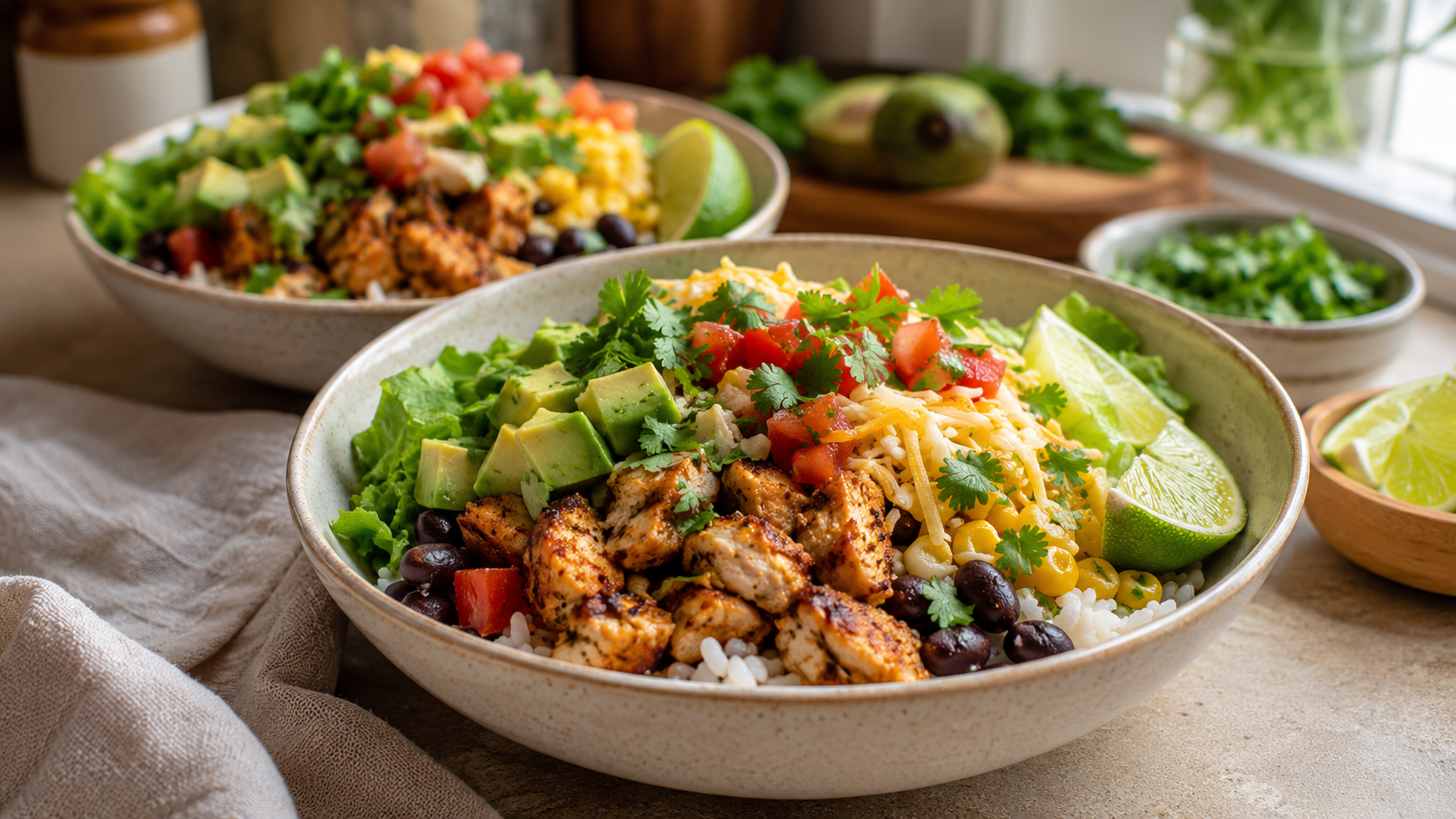 Chicken taco rice bowls with seasoned chicken, rice, beans, corn, salsa, cheese, avocado, and lime