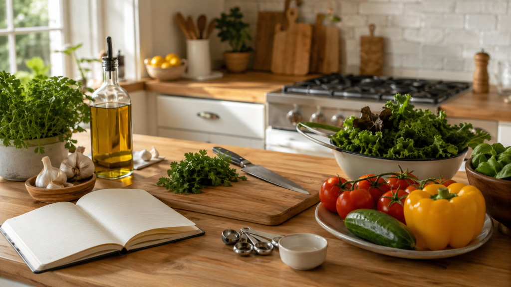 Practical cooking tools and fresh ingredients on a home kitchen counter