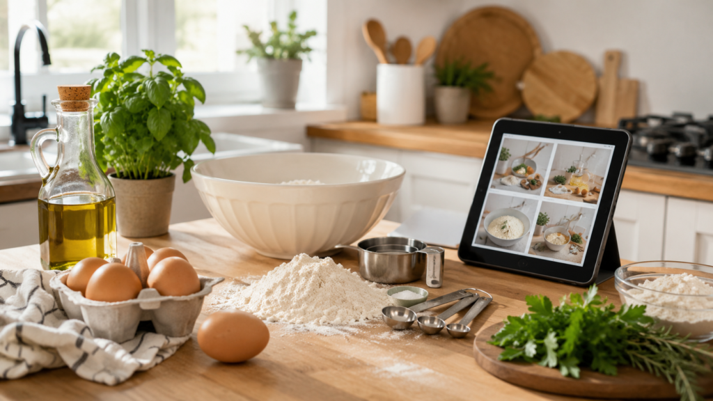 Beginner-friendly kitchen prep scene with flour, eggs, olive oil, herbs, measuring spoons, a mixing bowl, and a tablet recipe guide.