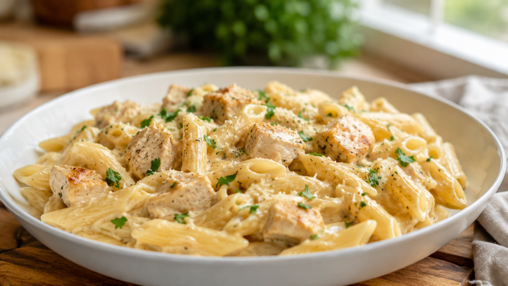 Creamy chicken pasta with tender chicken, penne, Parmesan sauce, and herbs in a white bowl