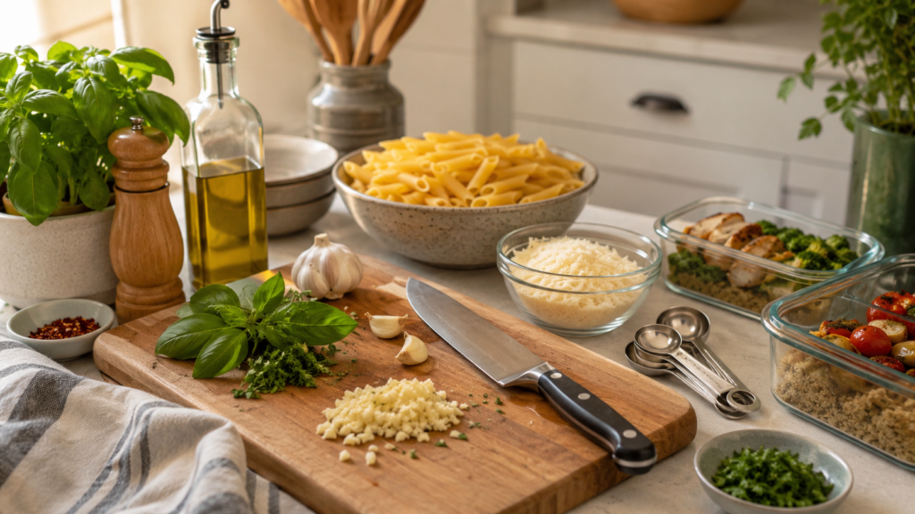 Beginner kitchen prep ingredients and tools arranged on a home kitchen counter