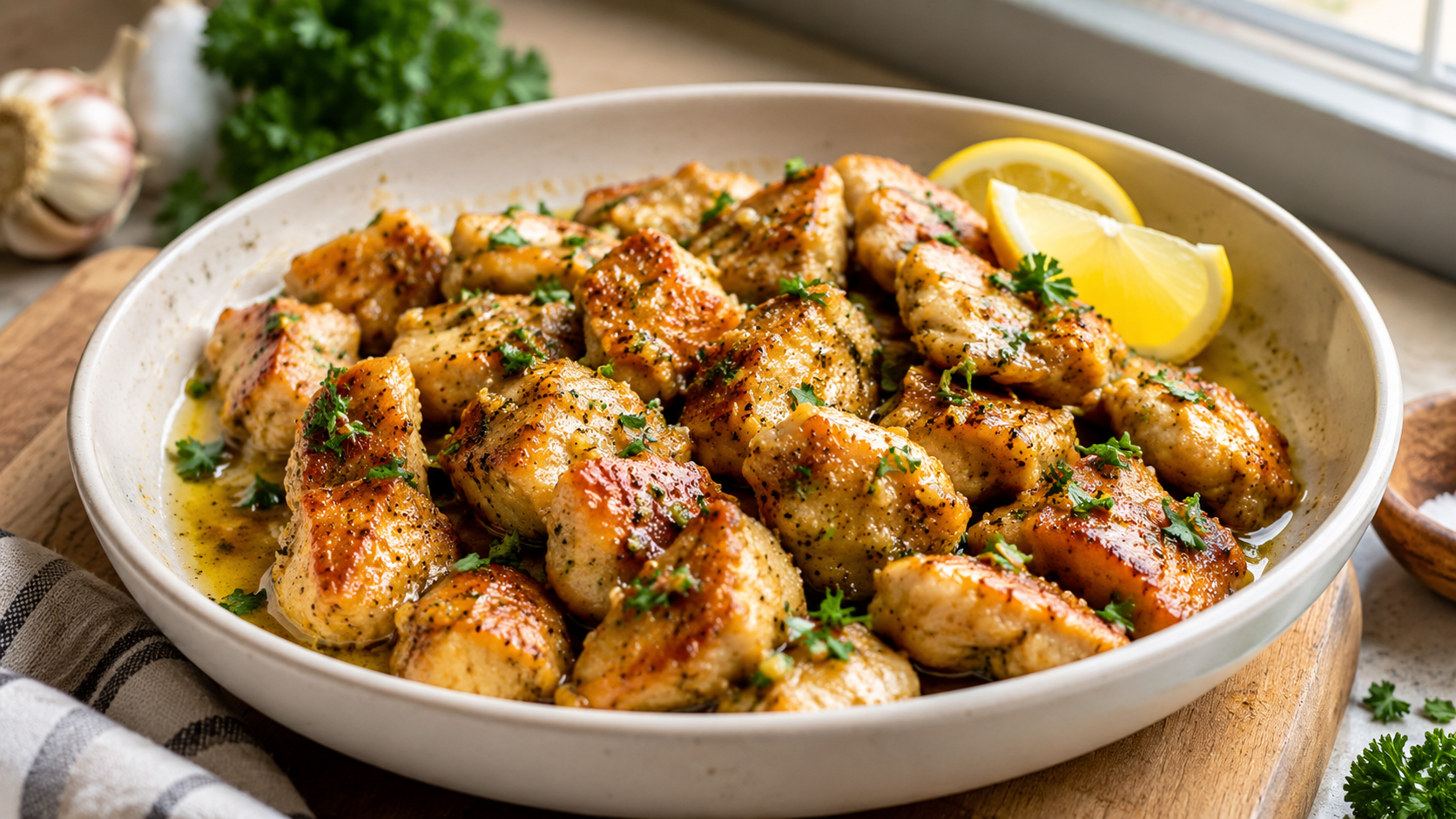 Garlic butter chicken bites with golden chicken pieces, parsley, and lemon in a skillet