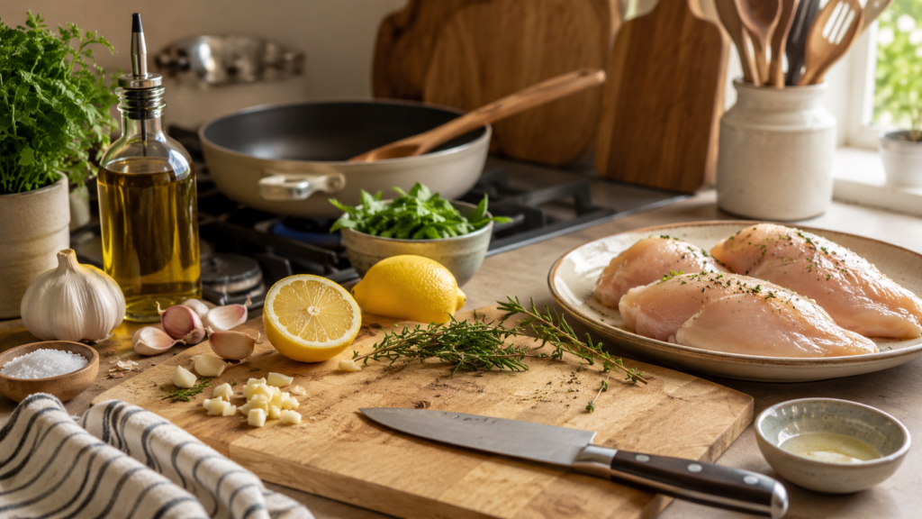 Beginner kitchen prep ingredients and tools arranged on a home kitchen counter