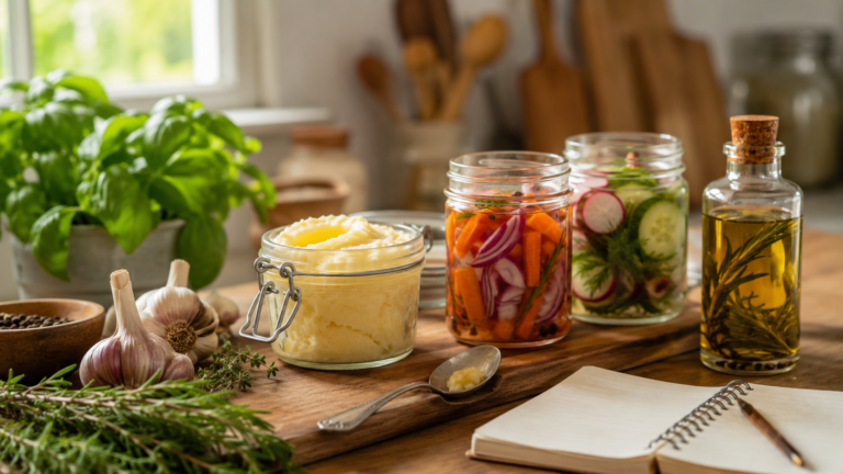 Homemade butter, pickled vegetables, and infused oil on a cozy kitchen counter
