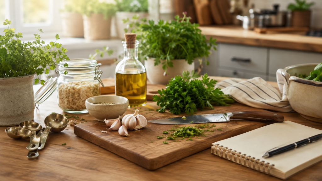 Beginner kitchen prep ingredients and tools arranged on a home kitchen counter