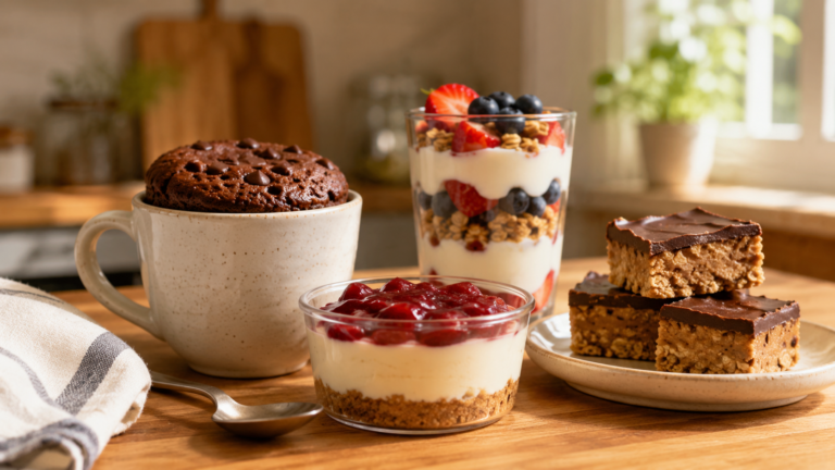 Quick desserts including chocolate mug cake, fruit parfait, cheesecake cup, and peanut butter bars on a cozy kitchen counter.
