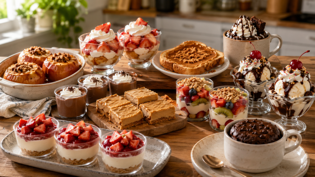 Dessert spread with baked apples, pudding cups, strawberry shortcake bowls, cookie butter toast, sundaes, parfaits, cheesecake cups, peanut butter bars, and chocolate mug cake.