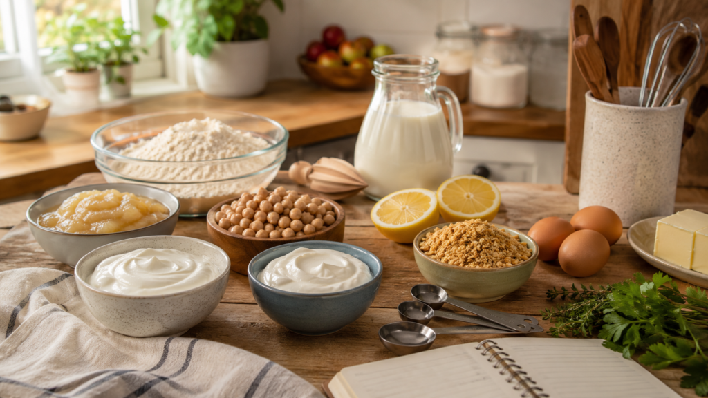 Creative ingredient swaps with Greek yogurt, applesauce, chickpeas, milk, crackers, eggs, and baking ingredients on a kitchen counter