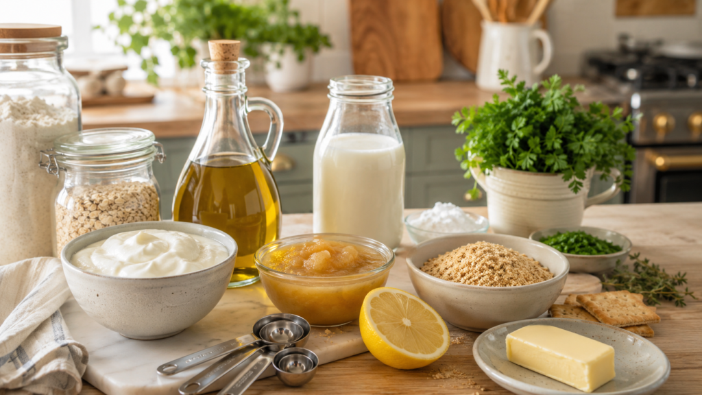 Common ingredient swaps on a bright kitchen counter with yogurt, applesauce, breadcrumbs, olive oil, lemon, milk, butter, herbs, and measuring spoons.