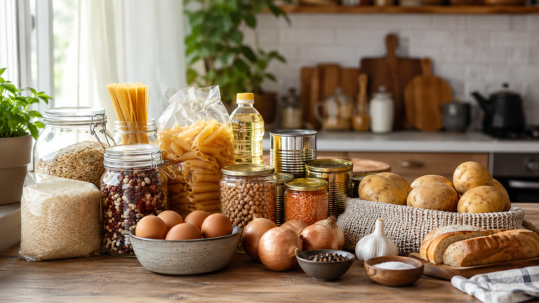 Budget-friendly meal ingredients including rice, beans, pasta, eggs, potatoes, vegetables, oats, and canned tuna on a kitchen counter