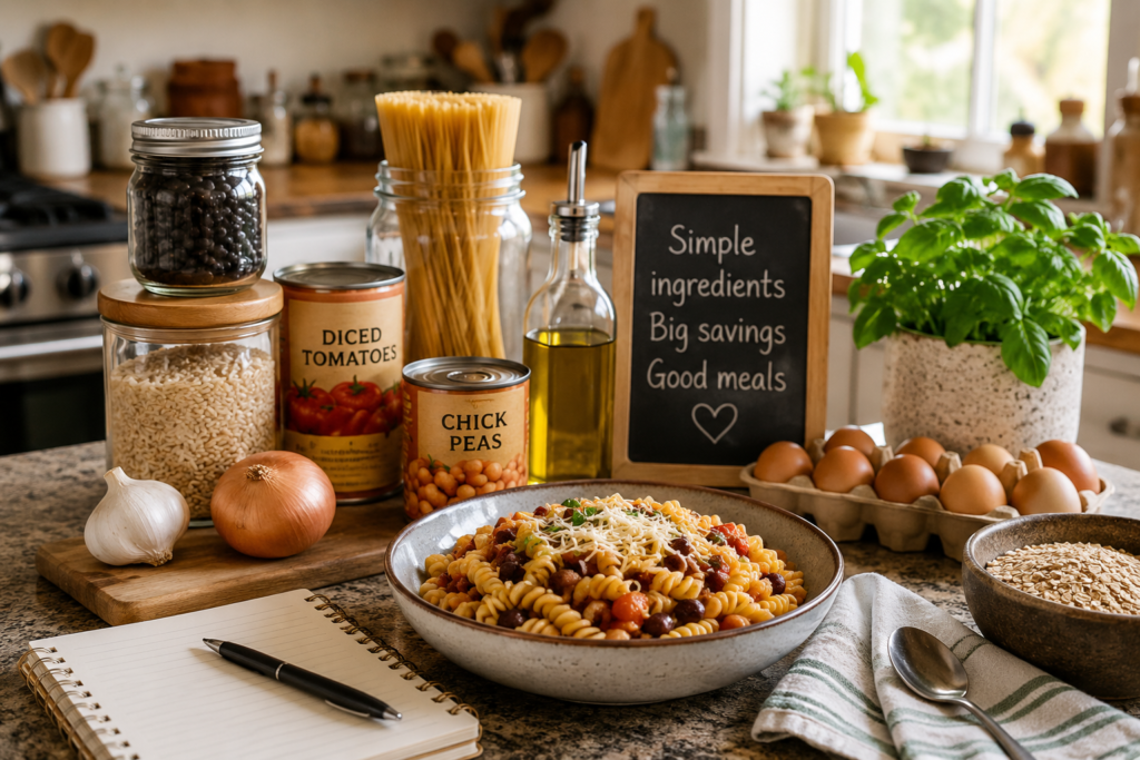 Budget pantry ingredients on a kitchen counter for easy homemade meals