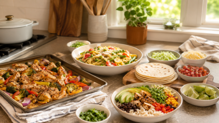 Quick and easy weeknight dinners with chicken and vegetables, pasta, tacos, and rice bowls on a kitchen counter