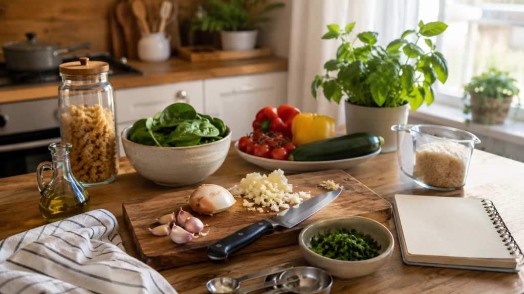 Beginner kitchen prep ingredients and tools arranged on a home kitchen counter