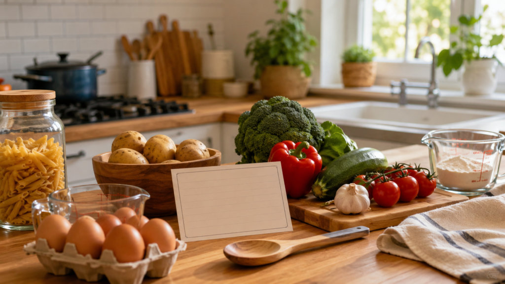 Beginner kitchen prep setup with simple ingredients and basic cooking tools