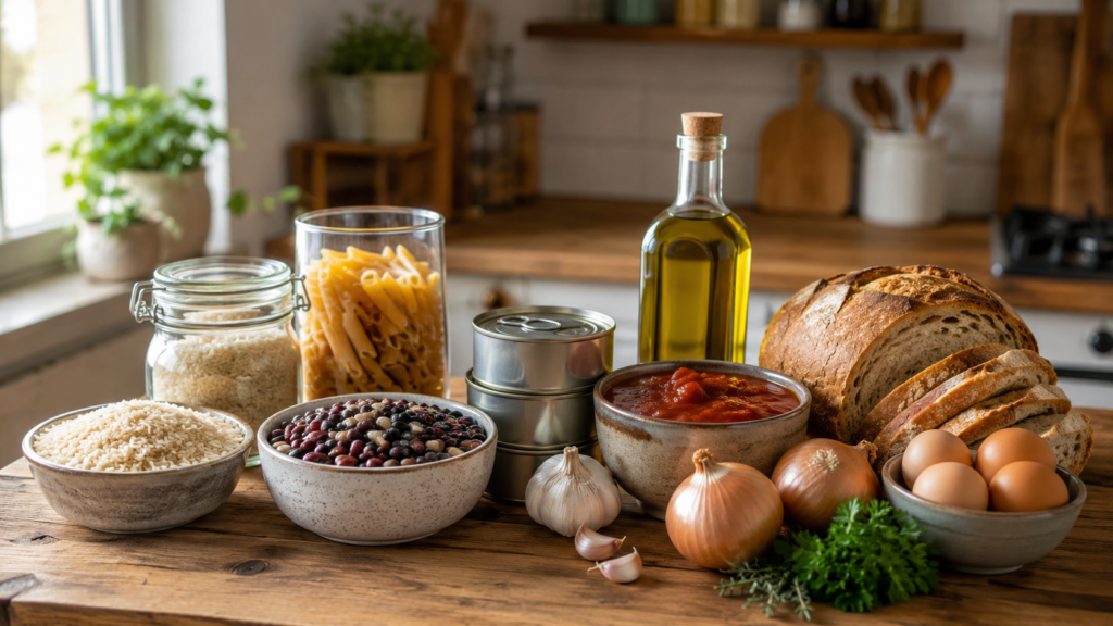 Budget pantry ingredients on a kitchen counter with pasta, rice, beans, canned tuna, canned tomatoes, bread, eggs, onions, garlic, and olive oil