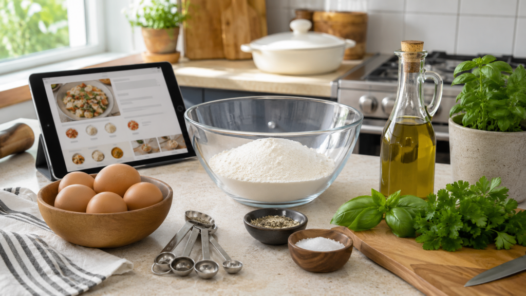 Beginner-friendly kitchen prep scene with flour, eggs, olive oil, herbs, measuring spoons, a mixing bowl, and a tablet recipe guide