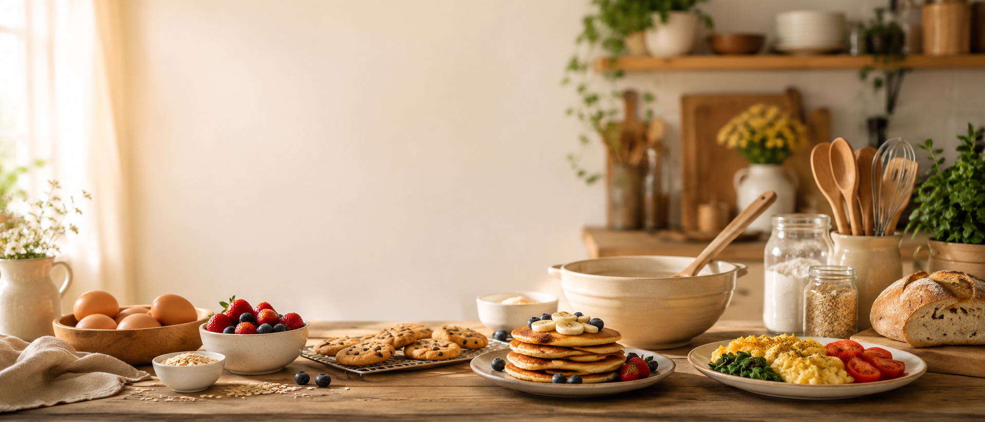 A welcoming kitchen counter with simple homemade food and pantry ingredients