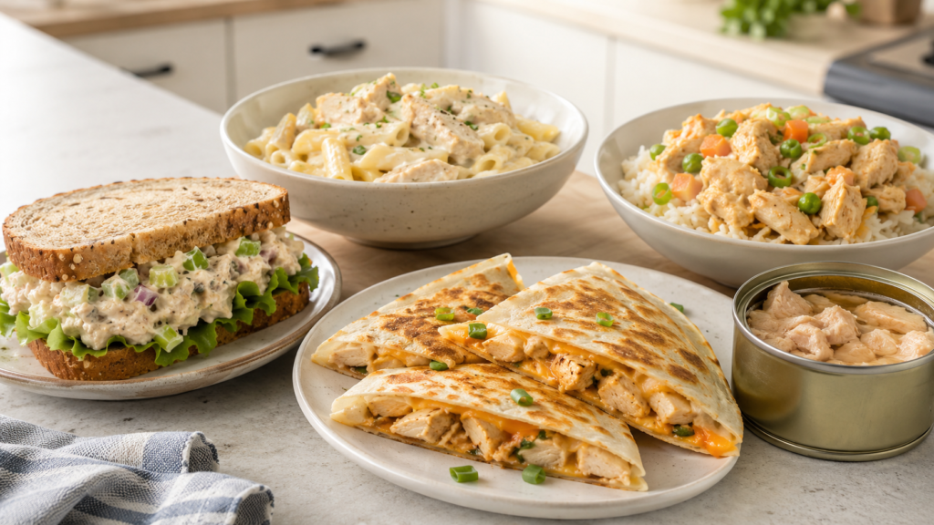 Beginner-friendly canned chicken recipes including chicken salad, quesadillas, pasta, and rice bowls.
