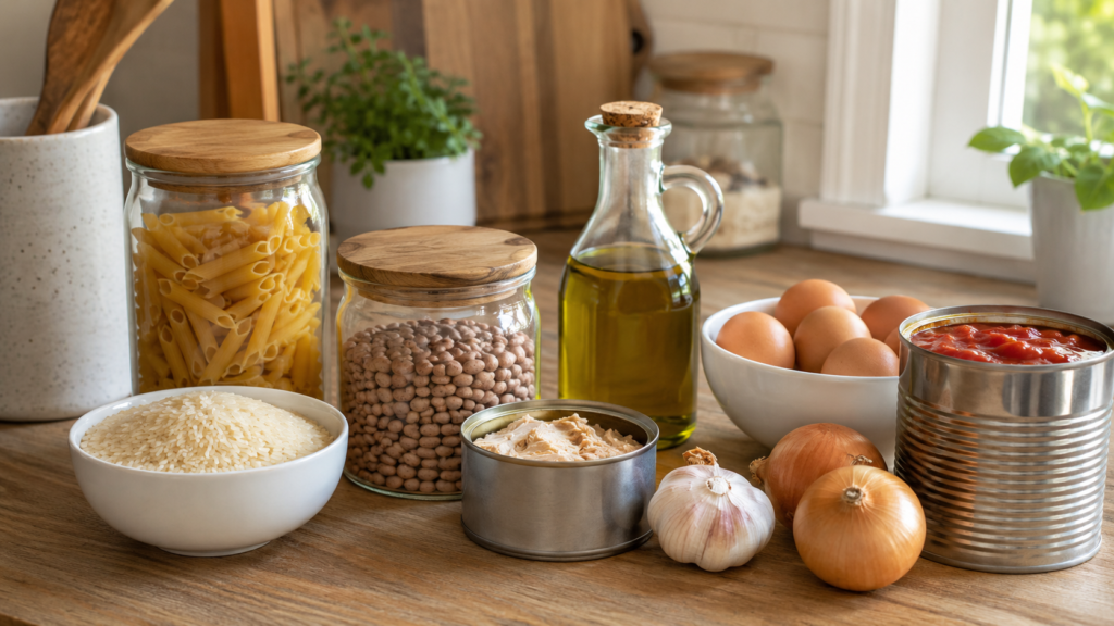 Budget pantry ingredients on a kitchen counter with pasta, rice, beans, canned tuna, canned tomatoes, eggs, onions, garlic, and olive oil.