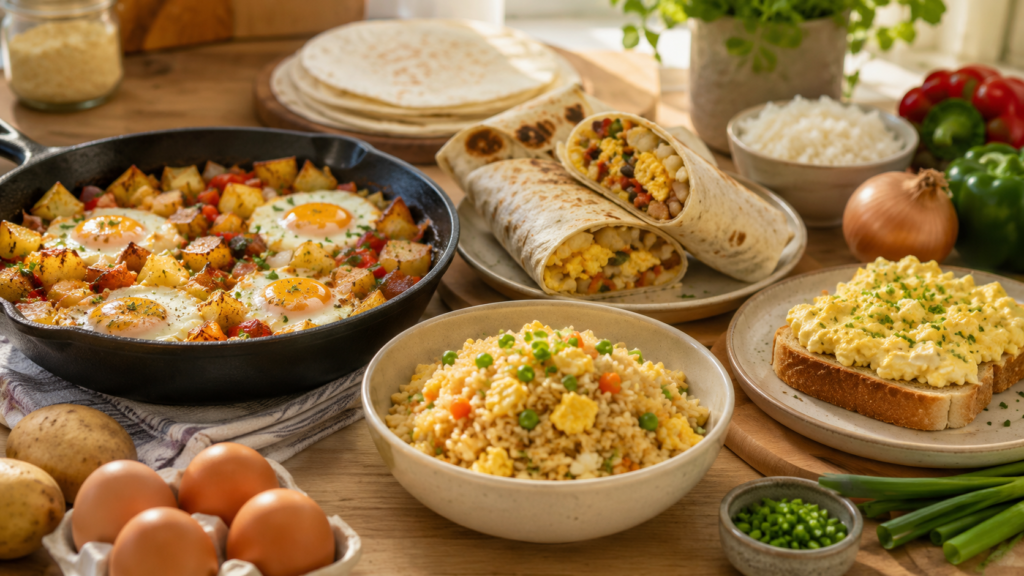 Affordable meals with eggs including a potato egg skillet, egg fried rice, egg salad toast, and breakfast burritos.