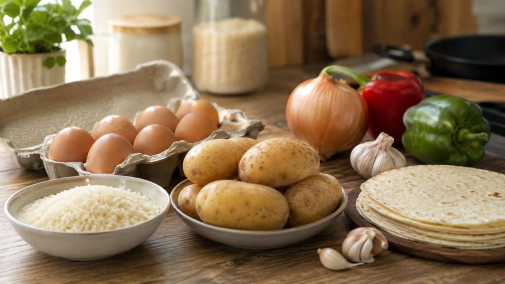 Budget pantry ingredients on a kitchen counter with pasta, rice, beans, canned tuna, canned tomatoes, bread, eggs, onions, garlic, and olive oil.