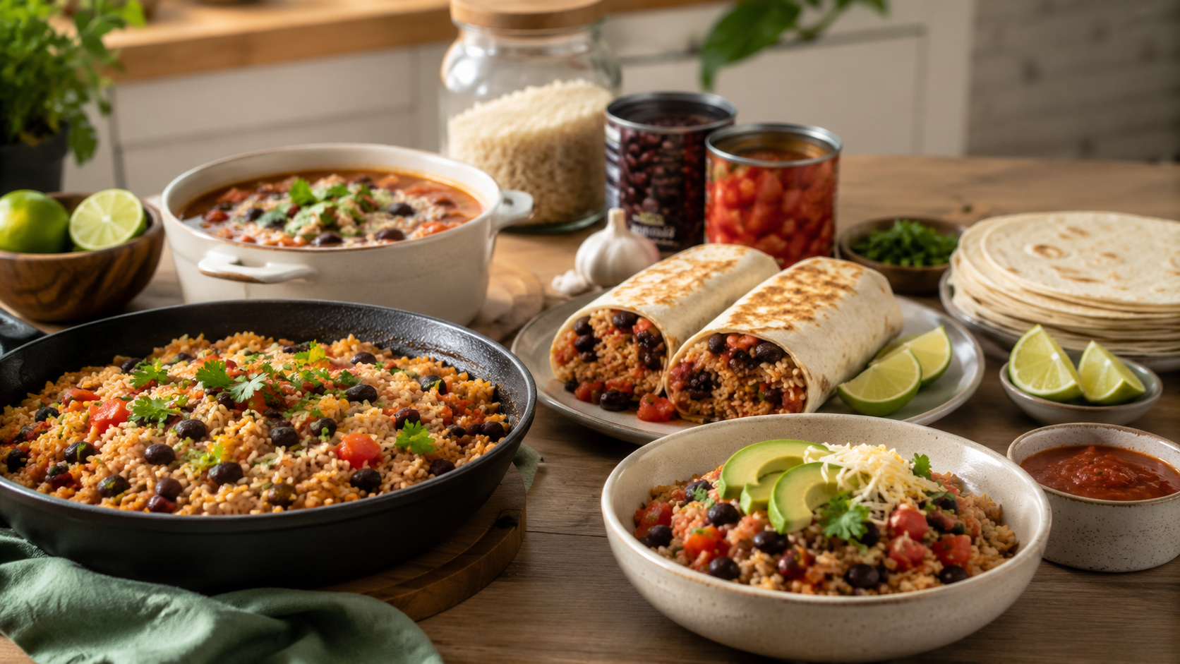 Cheap dinners with rice and beans including a skillet meal, burritos, bowls, and soup.