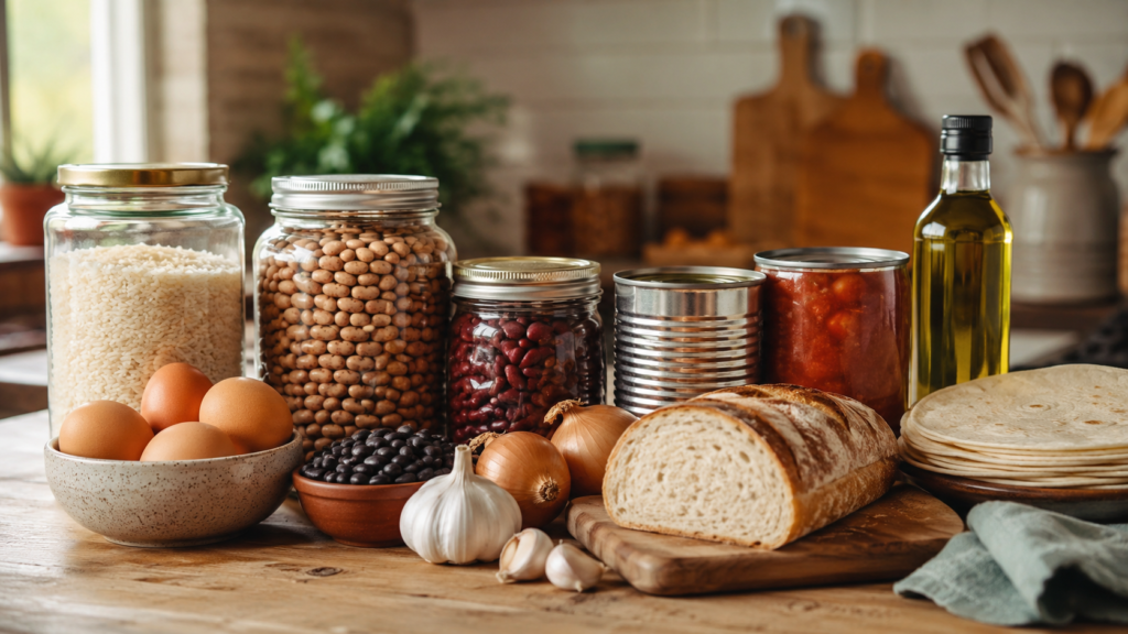 Budget pantry ingredients on a kitchen counter with pasta, rice, beans, canned tuna, canned tomatoes, bread, eggs, onions, garlic, and olive oil.