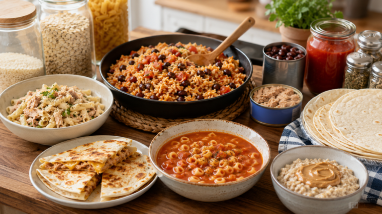 Cheap pantry meals for beginner cooks including rice and beans, tuna pasta, quesadillas, soup pasta, and oatmeal.