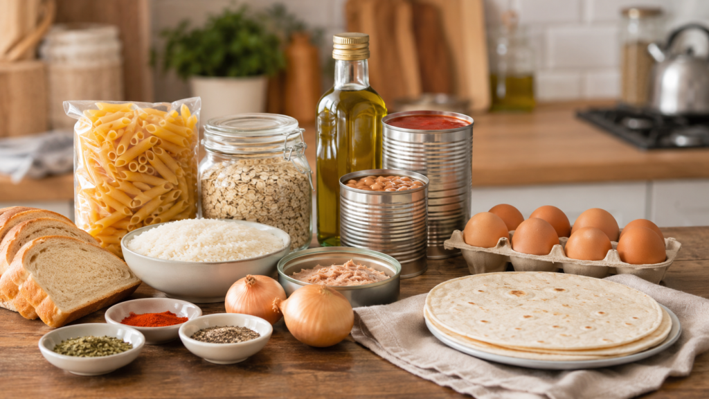 Budget pantry ingredients on a kitchen counter with pasta, rice, beans, canned tuna, canned tomatoes, bread, eggs, onions, garlic, and olive oil.